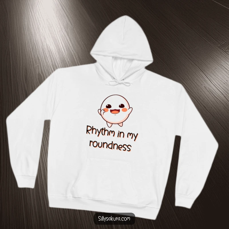 Funny Floating Daruma Hoodie showcasing a Daruma doll character joyfully imitating a lively dancing pose while floating freely.