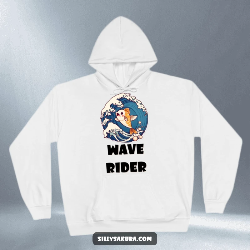Funny hoodie showcasing a dynamic koi fish leaping energetically from a stylized ocean wave, perfect for cozy adventures.