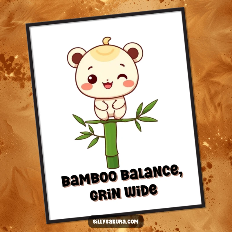 Funny Free Printable Wall Art: A character with a wide, cheerful grin balancing effortlessly on a tall bamboo stalk.