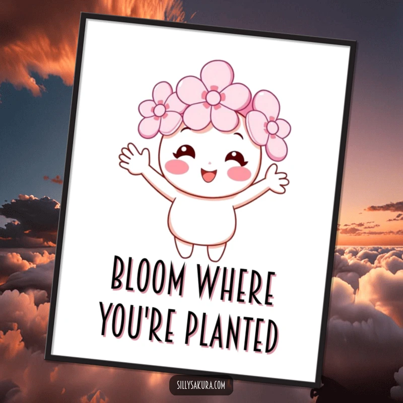 Funny Free Printable Wall Art: Smiling cherry blossom character with tiny arms cheerfully waving, bringing spring vibes.
