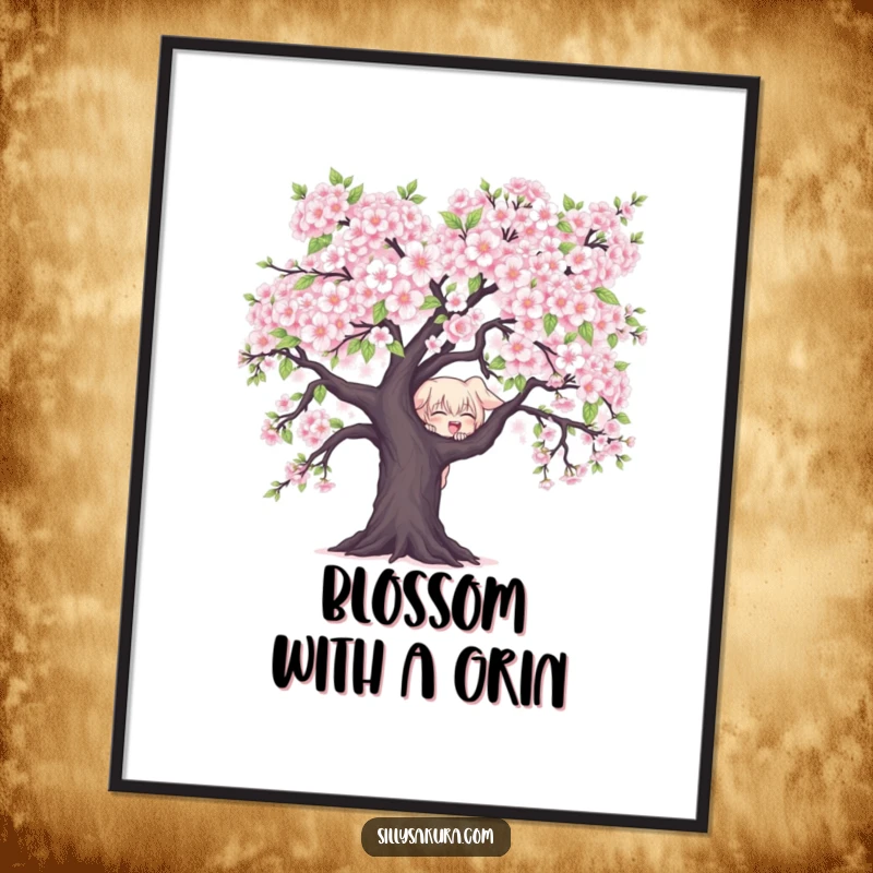 Funny free printable wall art of a mischievous character peeking from behind a large, blooming cherry blossom tree, adding whimsy.