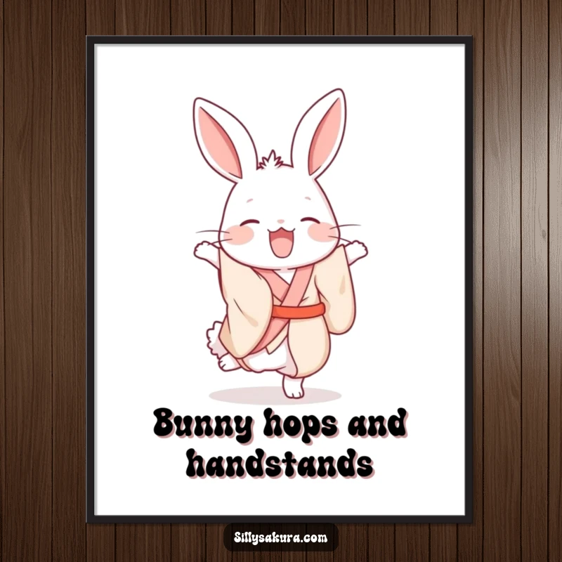 Funny Free Printable Wall Art: A giggling rabbit adorned in a silk kimono attempting a handstand, full of downloadable playful energy.