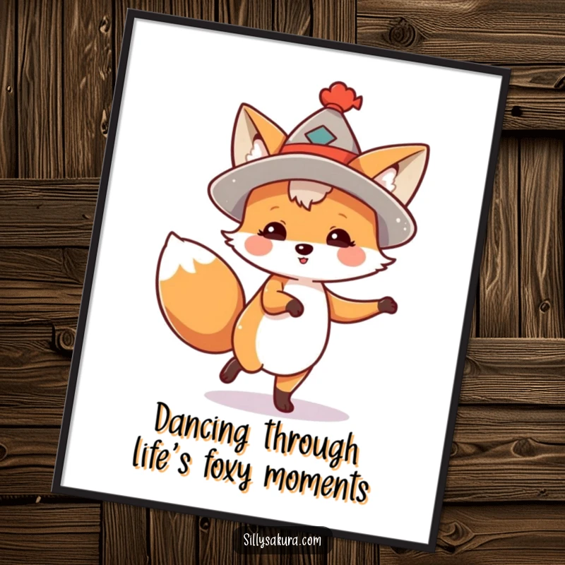 Funny Free Printable Dancing Fox Wall Art: A charming fox in a small festive hat, captured mid-dance, adding joy to walls.