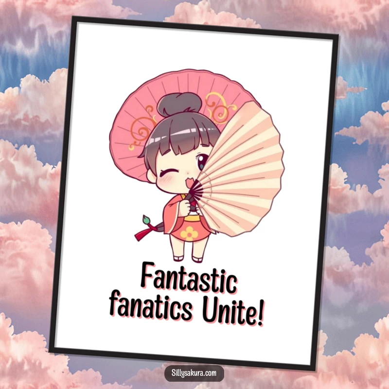 Funny Free Printable Wall Art: Character comically trying to pose with a large decorative fan, quirky and humorous home decor.