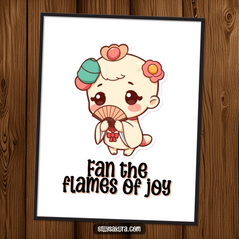 Funny Free Printable Wall Art: A Kawaii character performs a traditional fan pose with a subtle, joyful flutter.