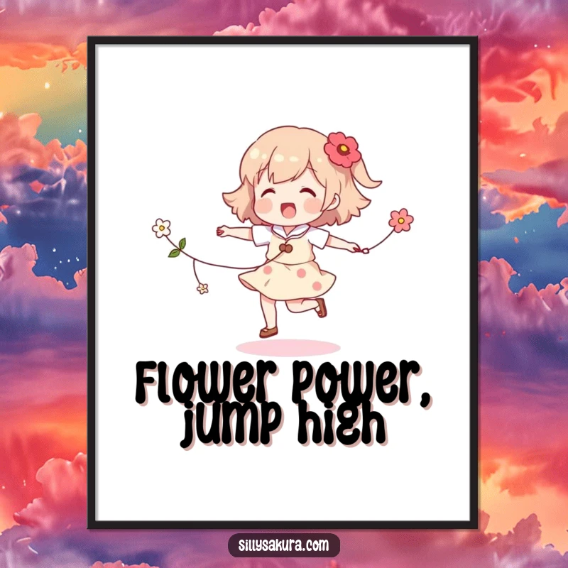 Funny Free Printable Wall Art: A character happily skips rope with a string of flowers, evoking joy and freedom.