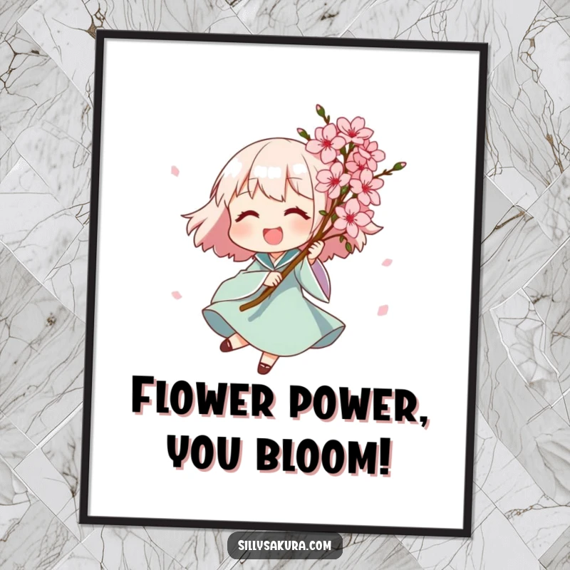 Funny Free Printable Wall Art: Joyful character spinning ecstatically with a bouquet of pink flowers, DIY decor.