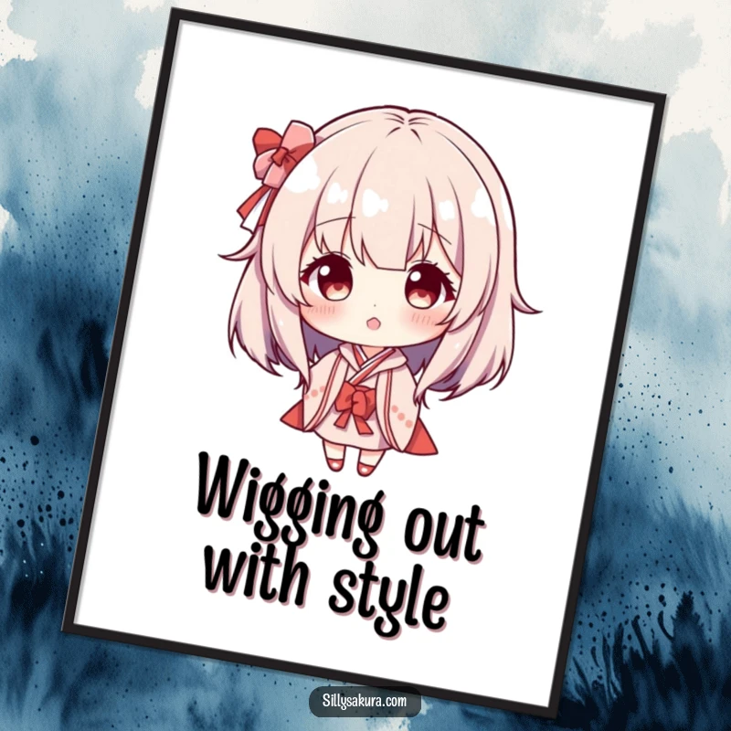 Funny free printable wall art of a character playfully wearing a miniature Maiko wig, exuding charm and humor.