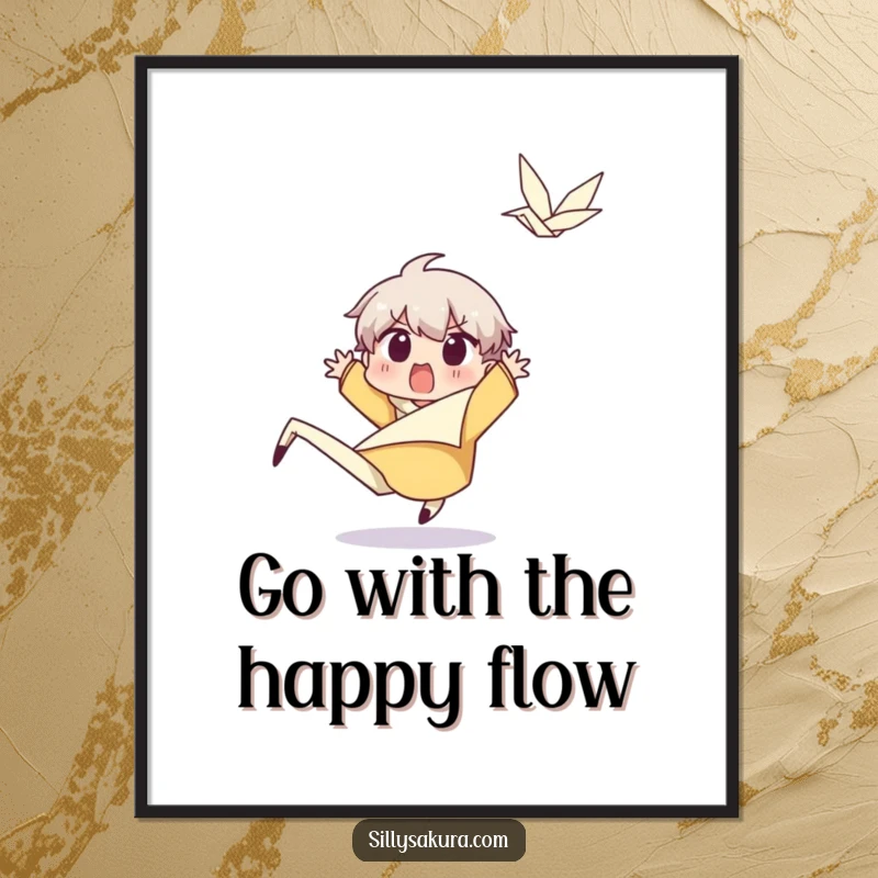 Funny free printable wall art showing a surprised character leaping back from a happy, unexpected gust of wind, adding dynamic humor.