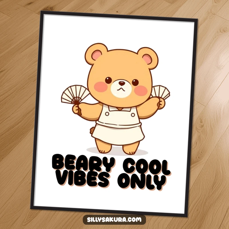 Funny Free Printable Wall Art: Tiny bear chef in apron, enthusiastically waving a fan, looking refreshingly cool.