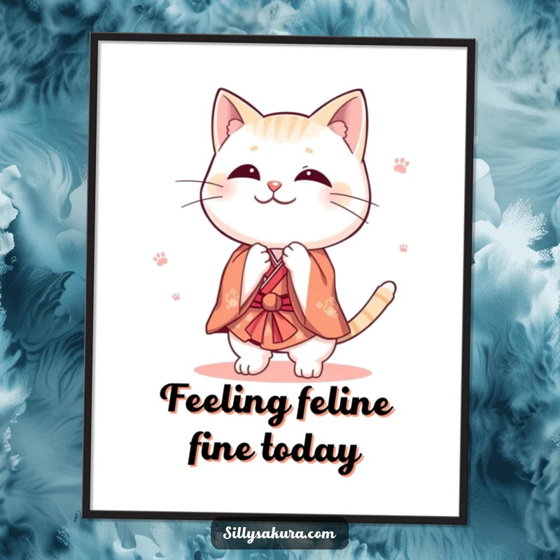 Funny Free Printable Wall Art: Cute cat character wearing a tiny kimono, performing a playful bow. Elegant and funny.