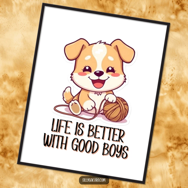 Funny Free Printable Wall Art: A cute dog character with a happy expression playing fetch with yarn.