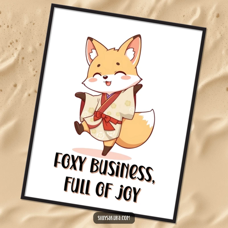 Funny Free Printable Wall Art: A cheerful fox in a kimono performs an energetic cartwheel.