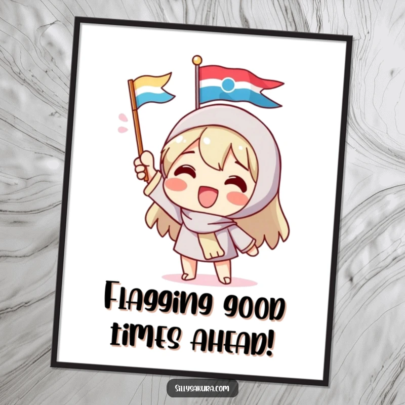 Funny Free Printable Wall Art: Delighted character energetically waving a small, vibrant flag, perfect for DIY decor.