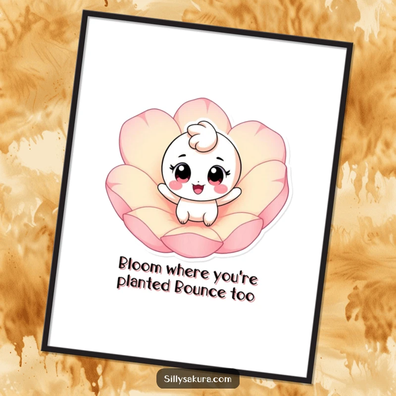 Funny Free Printable Wall Art of a cheerful character with big eyes bouncing with excitement on a giant pink petal.