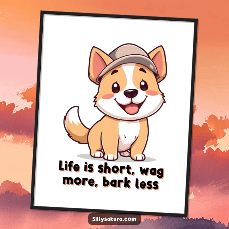 Funny Free Printable Wall Art, a happy dog wearing a hat and wagging its tail energetically, cheerful home decor