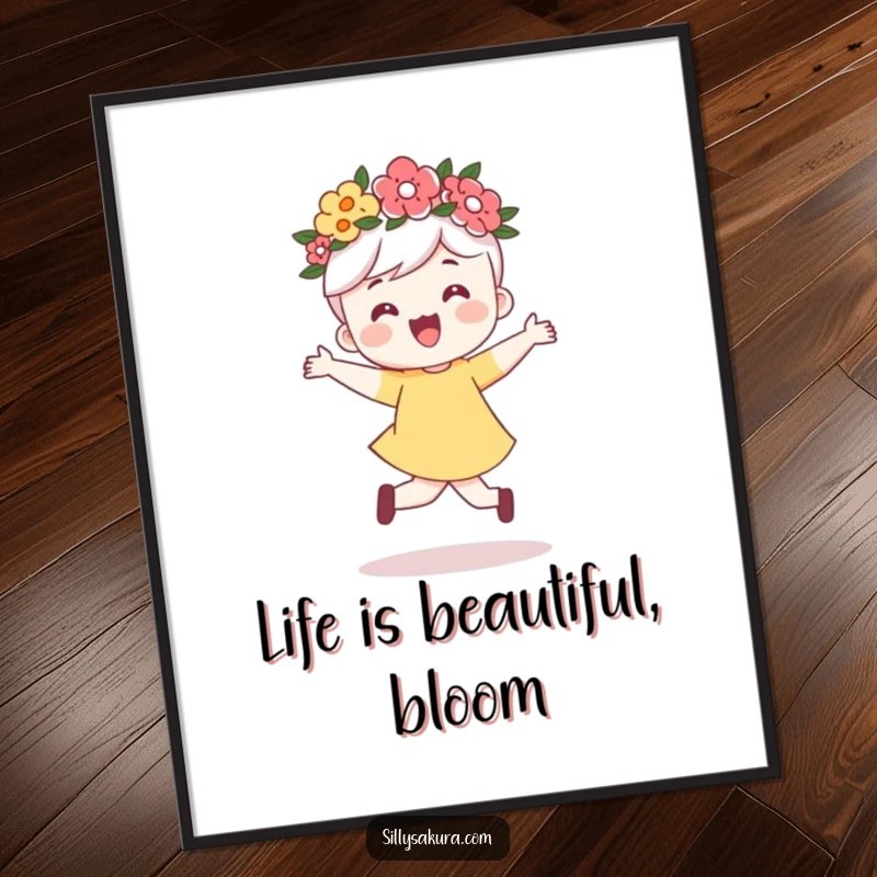 Funny Free Printable Wall Art: A happy character wearing a flower crown, captured mid-skip with pure delight.