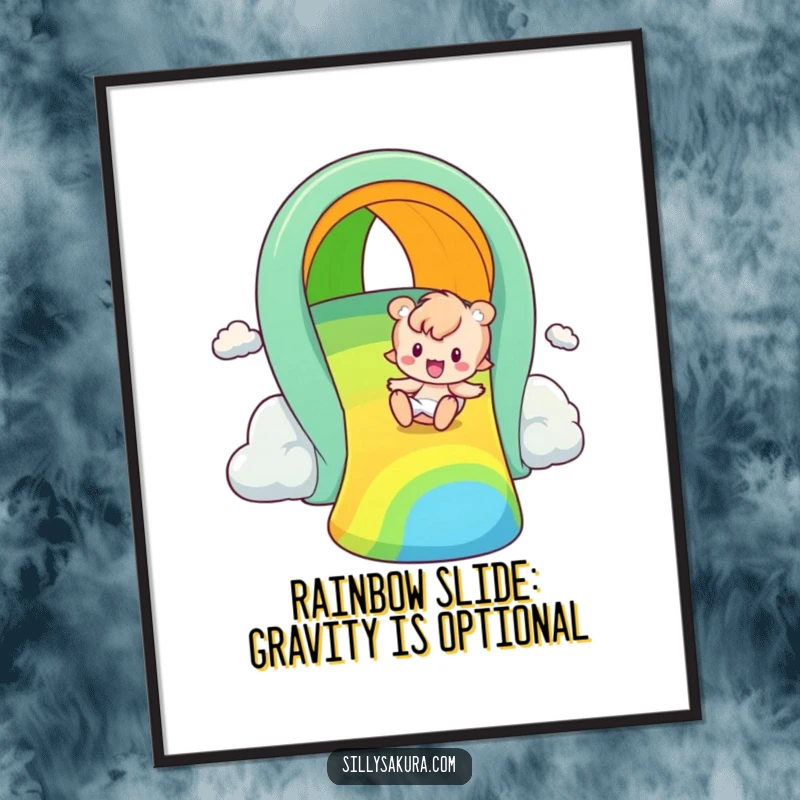 Funny Free Printable Wall Art: A character gleefully slides down a vibrant rainbow slide, embodying pure fun.