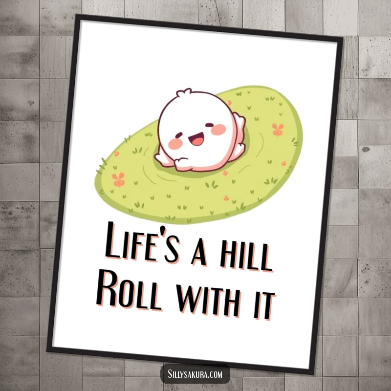 Funny Free Printable Wall Art of a giggling character with a wide smile playfully rolling down a grassy hill, exuding happiness.