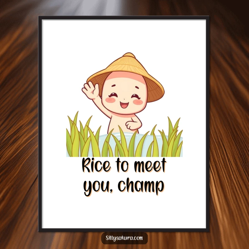 Funny Free Printable Wall Art: A smiling character in a straw hat waves enthusiastically from a vibrant rice paddy field.