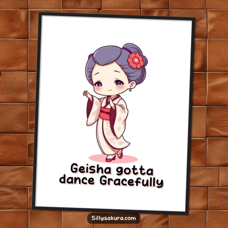 Funny Free Printable Wall Art: A tiny geisha performing a graceful dance, adding a touch of whimsical humor to any room, downloadable.