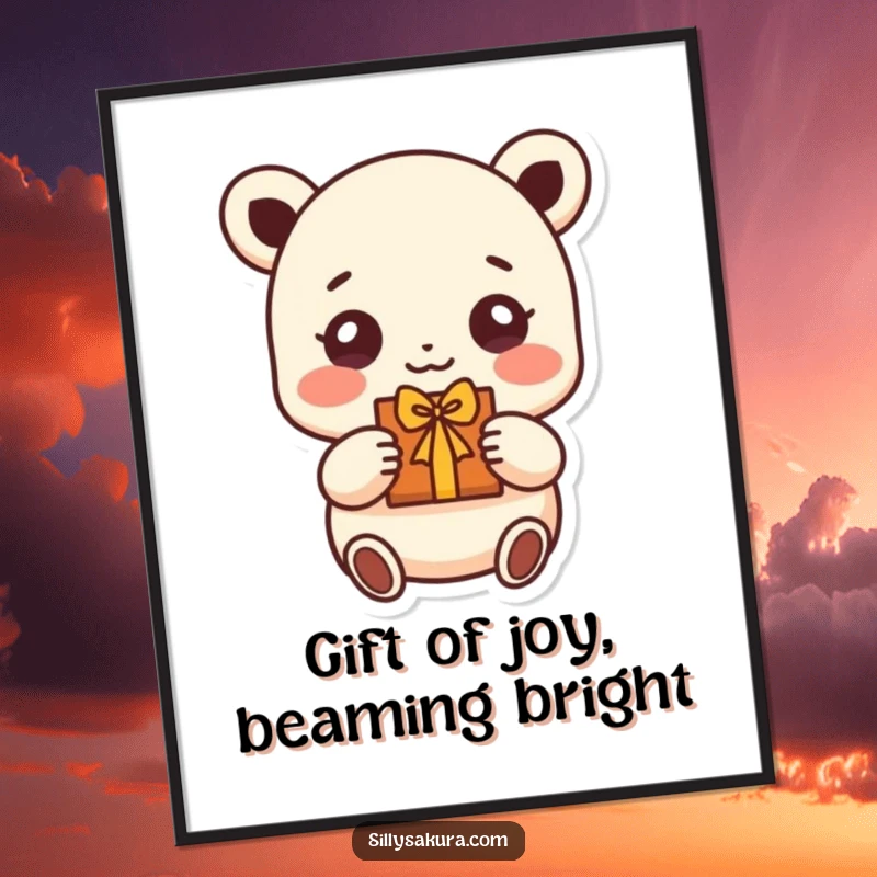 Funny Free Printable Wall Art: A small character with wide, beaming eyes excitedly offering a small, lovingly handmade gift.