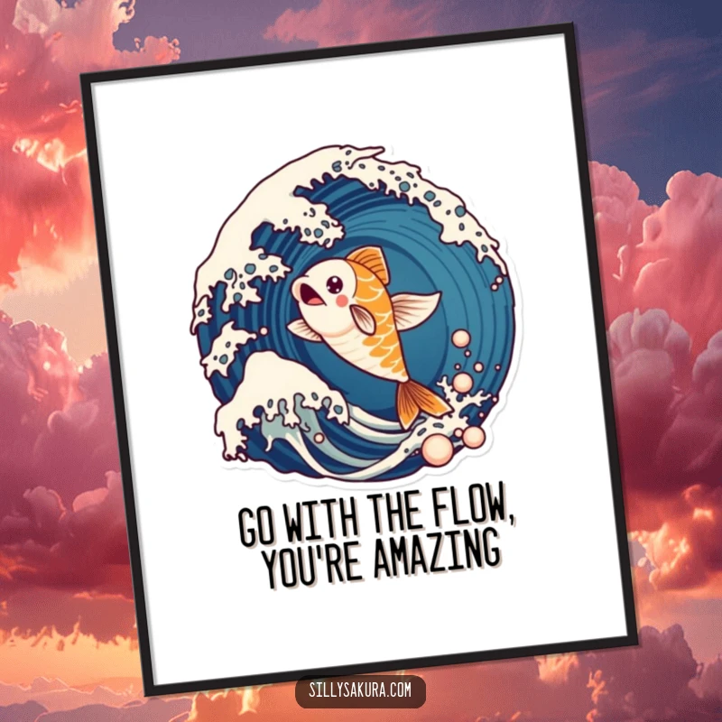 Funny Free Printable Wall Art: A lively koi fish character captured mid-leap from an energetic, splashing wave. Downloadable art.