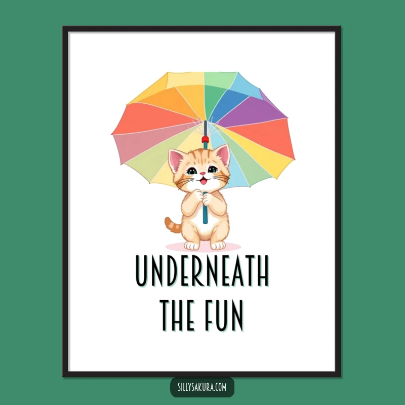 Kitten Exploring Umbrella Free Printable Wall Art - Whimsical Playful Downloadable Decor