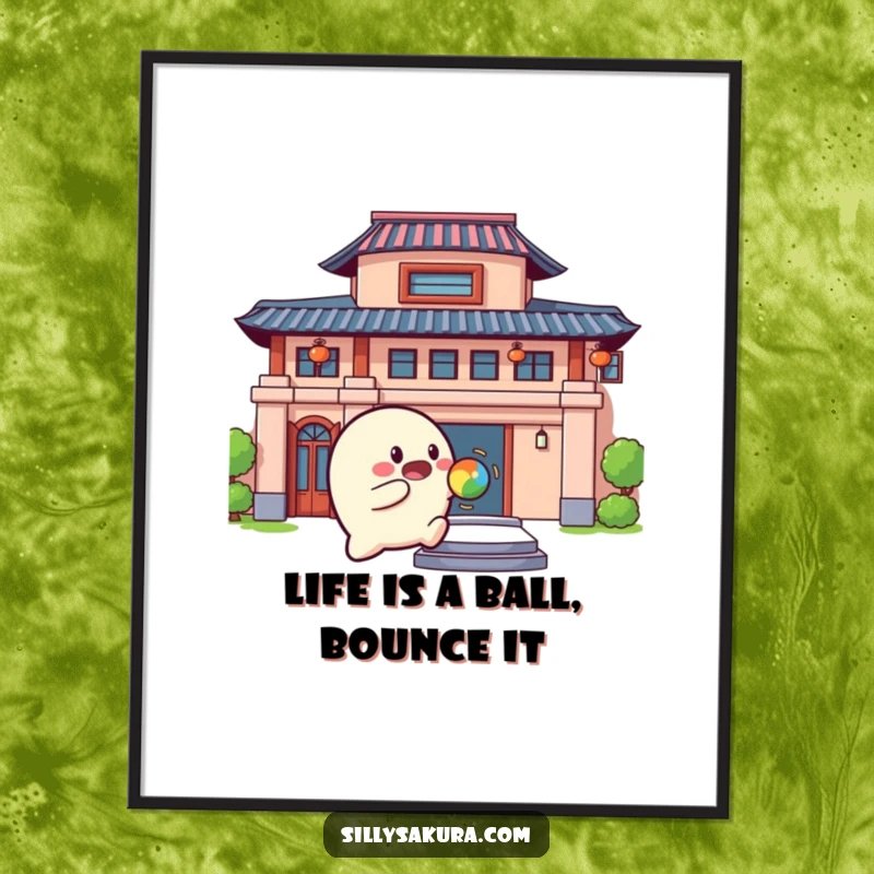 Funny Free Printable Wall Art: A rounded character playfully bouncing a colorful ball against a building, creating a dynamic and joyful scene.