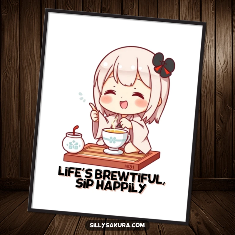Funny Free Printable Kawaii wall art, a cute character joyfully performing a tea ceremony gesture, adding charm to decor.