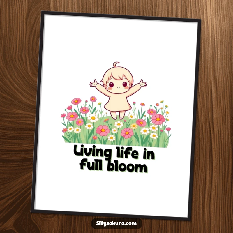 Funny Free Printable Wall Art: A cute character with arms spread wide, spinning joyfully in a vibrant field of flowers.