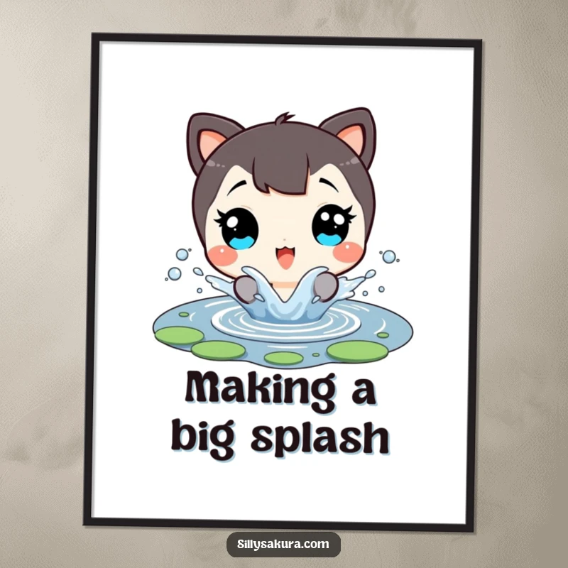 Funny Free Printable Wall Art: Character with wide, delighted eyes joyfully splashing in a tiny pond.