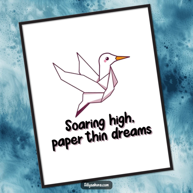 Funny Free Printable Wall Art: Giggling origami crane soaring gracefully through the sky, a delightful piece.