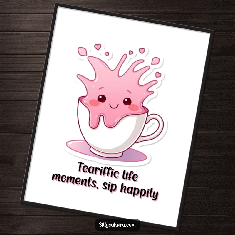 Funny Free Printable Wall Art: A smiling tea cup character joyfully overflows with vibrant, colorful liquid. Downloadable art.