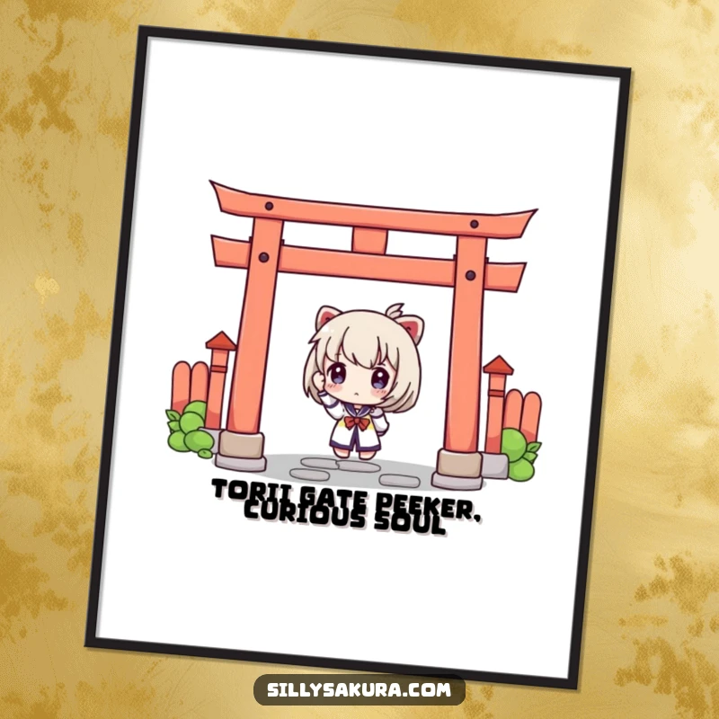 Funny Free Printable Wall Art: A character with a curious expression peeking from behind a striking red torii gate.