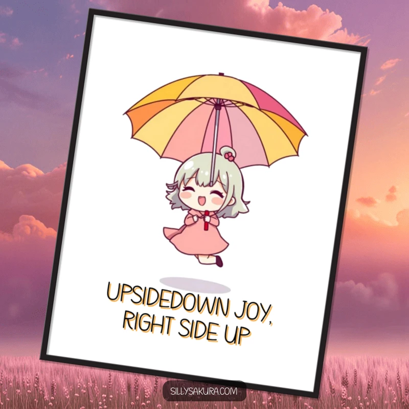 Funny Free Printable Wall Art: A character happily skipping while holding a bright umbrella upside down, exuding joy and lightheartedness.