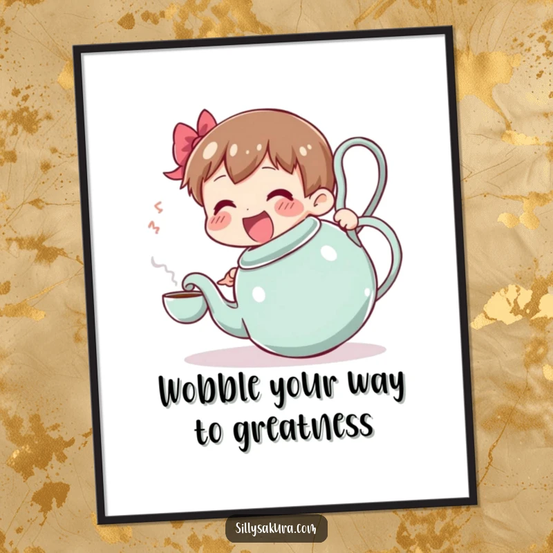 Funny Free Printable Wall Art: A joyful character attempts to serve tea from an oversized, comically wobbling teapot.