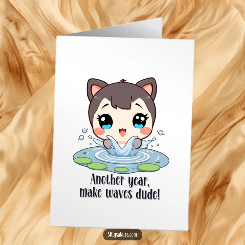 Funny Free Printable Birthday Card: Character with wide eyes gleefully splashing in a tiny pond.