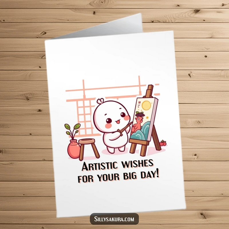 Funny Free Printable Birthday Card: A small, round Kawaii character happily painting traditional artwork with focus.
