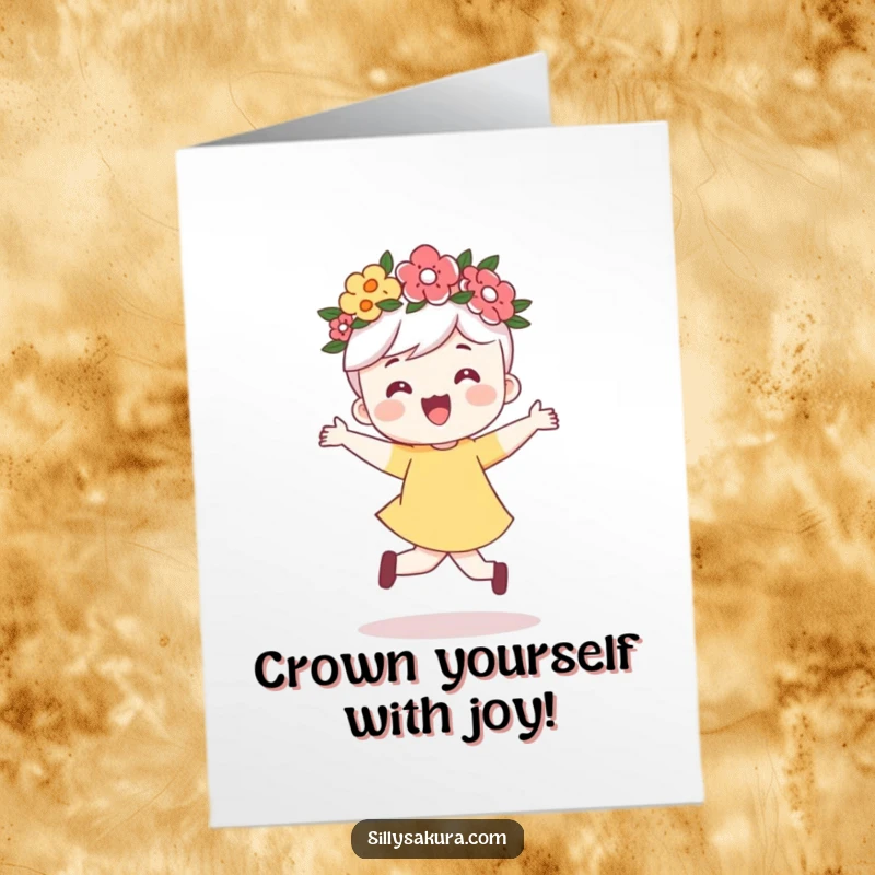 Funny Free Printable Birthday Card: Cute character with a flower crown skips happily, radiating pure joy.