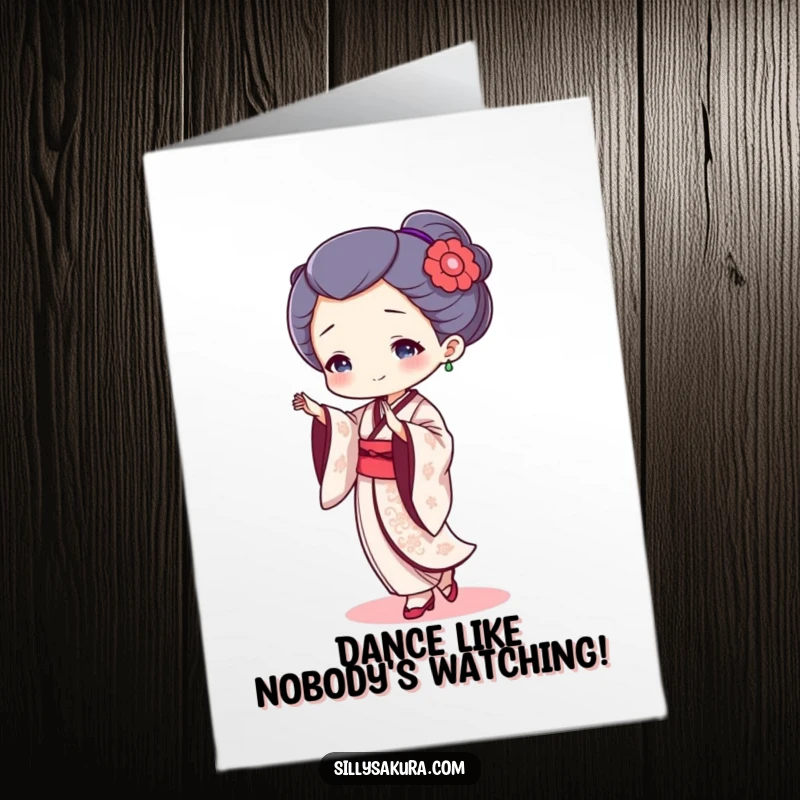 Funny Free Printable Birthday Card: Tiny Geisha in a graceful dance, bringing humorous birthday wishes, perfect for printing at home.