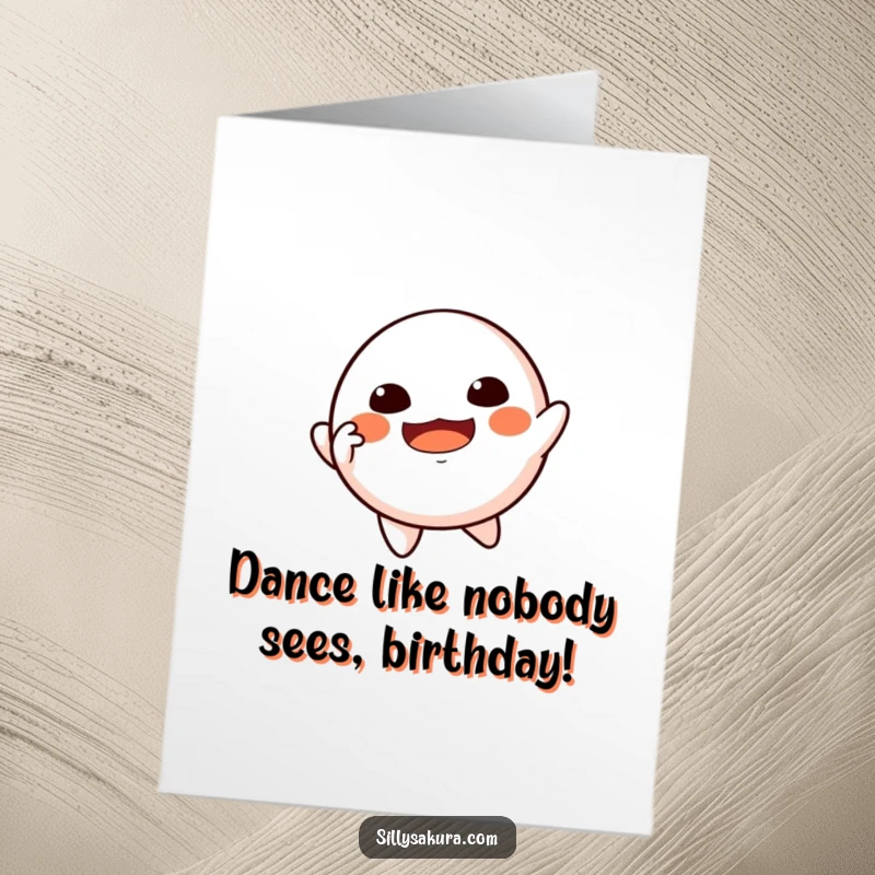 Funny Free Printable Birthday Card: A floating Daruma doll character joyfully imitating a dancing pose, full of life.