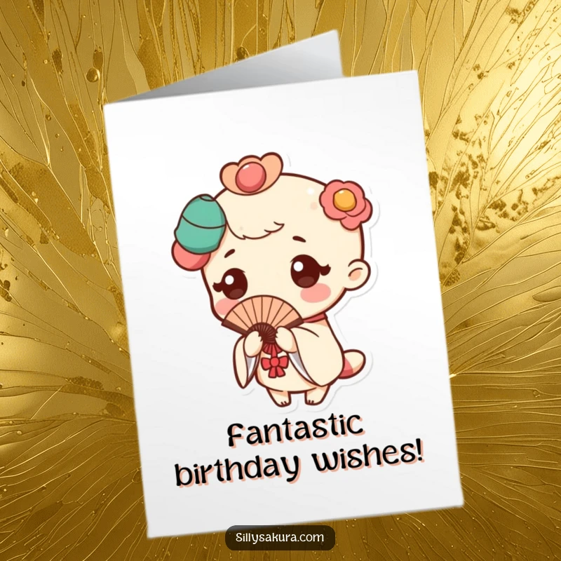 Funny Free Printable Birthday Card: Kawaii character strikes a poised fan pose with a joyful, fluttering effect.