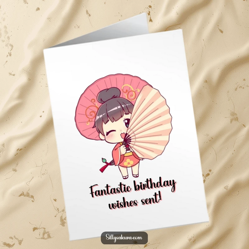 Funny Free Printable Birthday Card: Character comically trying to pose with a large decorative fan, awkward and humorous.