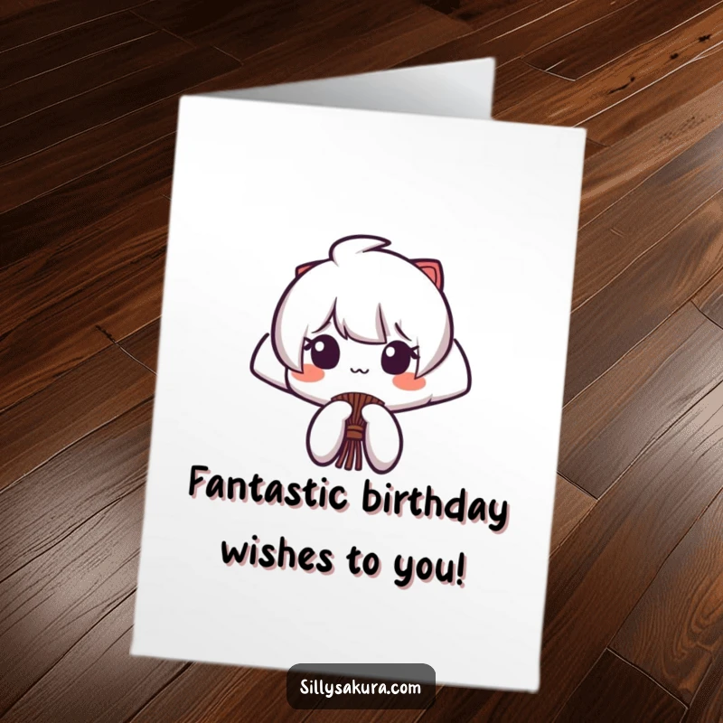 Funny Free Printable Birthday Card featuring a small Japanese fan character opening and closing with an elegant flourish, celebrating cheer.