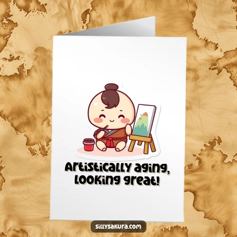 Funny Free Printable Birthday Card: Small round Kawaii character happily painting a traditional artwork, celebrating with artistic flair.