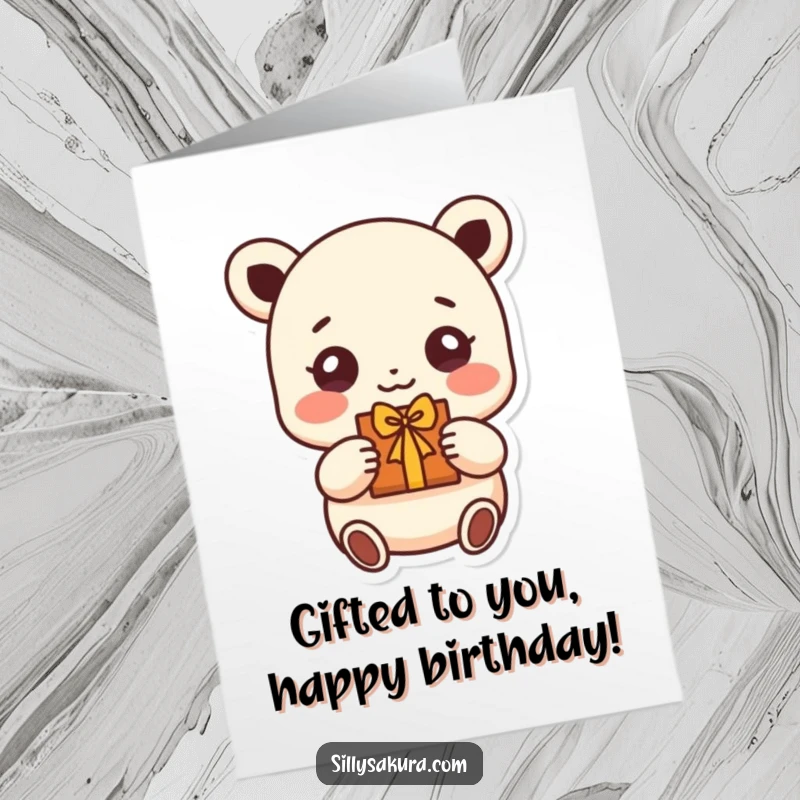 Funny Free Printable Birthday Card: A small character with radiant, beaming eyes offering a meticulously crafted handmade gift.