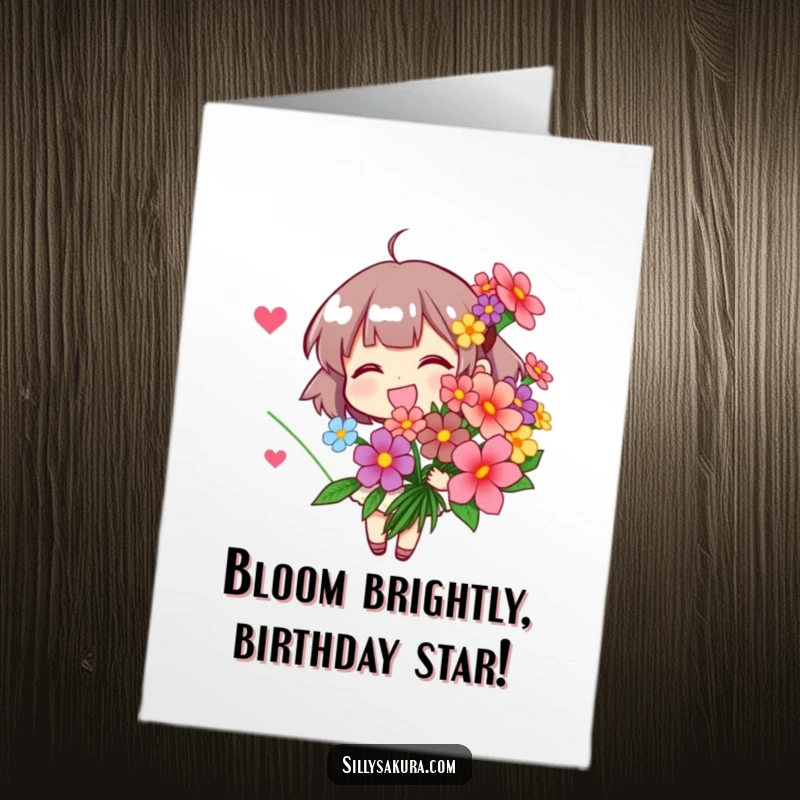 Funny Free Printable Birthday Card featuring a character joyfully presenting a vibrant bouquet of stylized flowers, symbolizing happiness and growth.