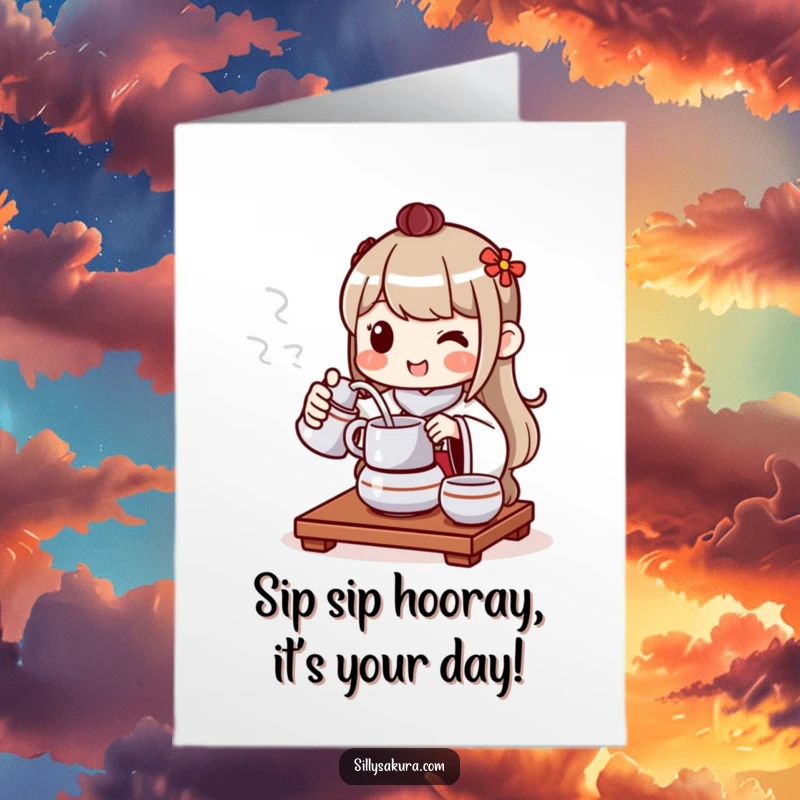 Funny Free Printable Birthday Card: Cheerful character happily pours tea from a ceremony set, smiling warmly.