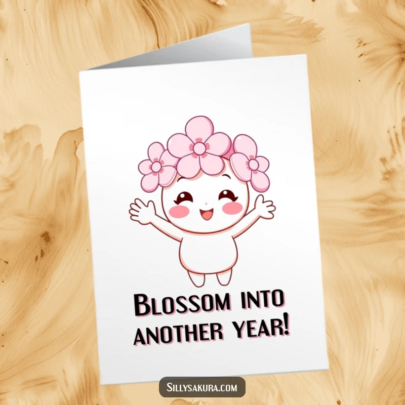 Funny Free Printable Birthday Card: Smiling cherry blossom character with tiny arms cheerfully waving. Happy Birthday!
